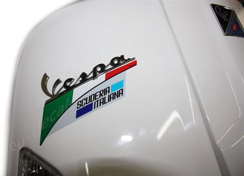 Vespa Logo Badge Extension Italian Flag "Scuderia Italiana" sticker GTS GTV LX S High Quality Decal Laminated pic on Vespa
