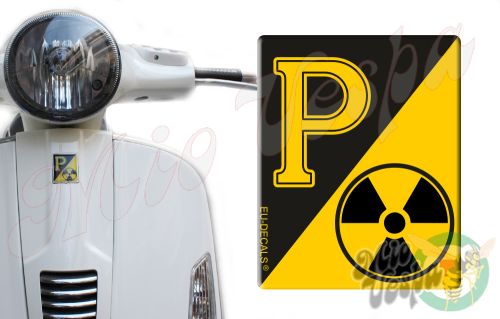 Front Badge Overlay RadioActive with yellow P on black 3D Decal for various Vespa models
